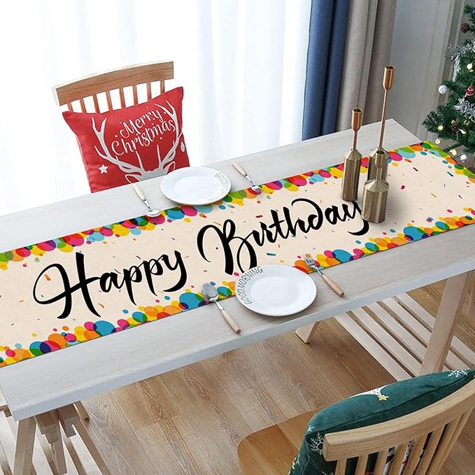 Happy Birthday Table Runner Colored Circles Ribbons 13x72 Inch Polyester Linen Table Decoration for Kitchen Dinning, Indoor Outdoor Home Party Desktop Decor (Multicolour)
