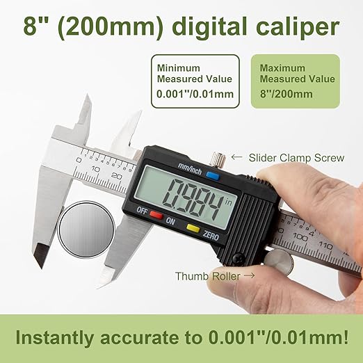 Digital Caliper 0-8" Measuring Tool with Metal Ruler, Micrometer Caliper with Auto-Off Feature, Interchangeable Between inches and millimeters for DIY/Household and 3D Printing, Black