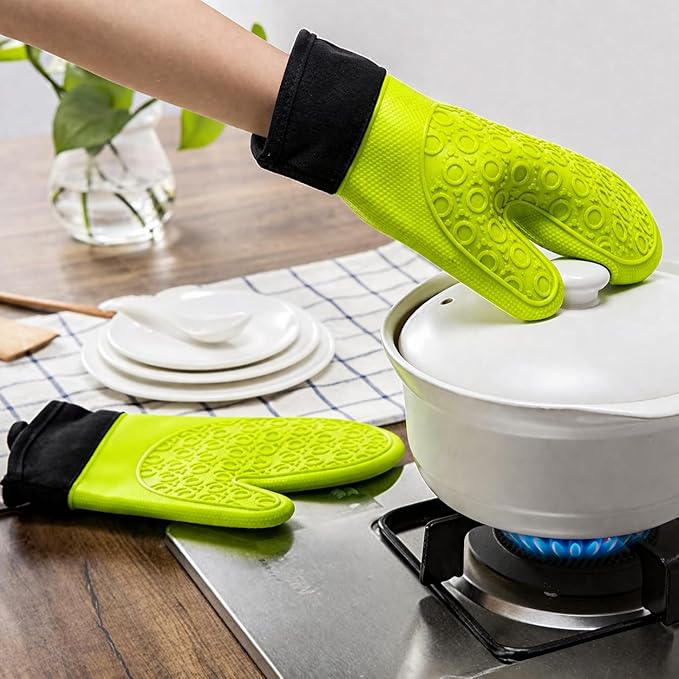 2PCS Green Professional Extra Large Silicone Oven Mitts and Pot Holders – Heat Resistant Kitchen Gloves, Baking Mittens, and BBQ Holders for Cooking, Grilling, and Baking