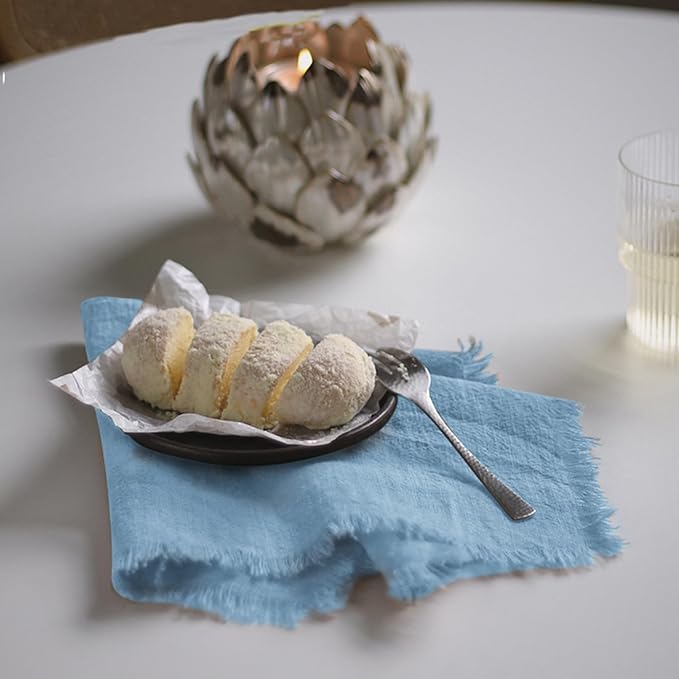 Handmade Cloth Napkins 100% Cotton Napkins with Fringe，Delicate Handmade Cloth Napkins for Dinners, Parties, Weddings and More，18 x 18 Inch Set of 6 - Blue