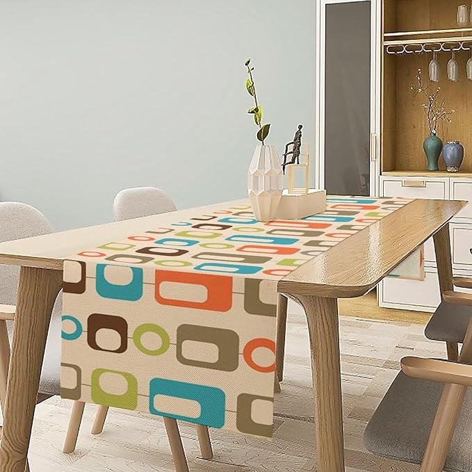Mid Century Modern Table Runner Retro Abstract Geometric Boho 1960s Art Printed Dinner Runner for Home Kitchen Dining Table Decor Fabric 1 Panel W13xL90in