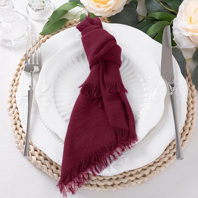DeZerlor 12 Pack Burgundy Red Cotton Linen Napkins with Fringe Spring Cloth Napkins Set of 12 Boho Handmade Dinner Napkins Bulk for Wedding Bridal Baby Shower Parties, 17 x 17 Inches