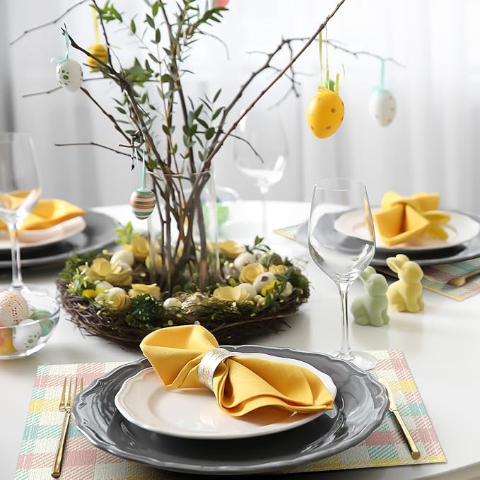 Niviy Buffalo Plaid Blue Pink Yellow Spring Easter Placemats Set of 6, 12x18 Inch Table Mats Easter Decor for Holiday Party Kitchen Dining Room Decoration