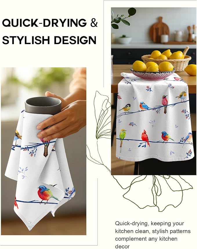 Miss Adola Flour Sack Kitchen Towels Set of 2-18x26 Cotton Dish Towels with Hanging Loop Reusable Tea Towel for Cleaning Spring Absorbent Dishcloths Cute Home Decor Housewarming, Watercolor Bird