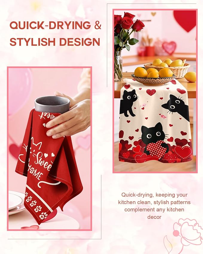 Miss Adola Valentine Day Kitchen Towels Set of 2 - Flour Sack Tea Towels with Hanging Loop 18x26 Inch Sweet Home Hand Dish Cloths Red Hearts Cats Absorbent Reusable Dishcloths Cute Valentine Decor