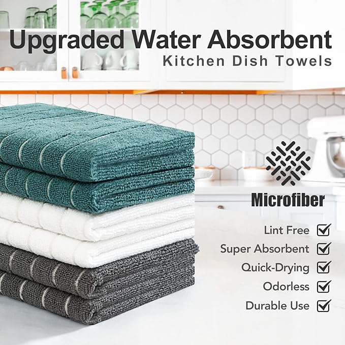 PY HOME & SPORTS Microfiber Kitchen Dish Towels 6 Pack- 17 x 25” Super Absorbent Kitchen Hand Dish Cloths with Upgraded Mesh Design, Lint Free & Quick Drying (Grey/White/Teal)