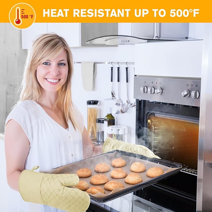 6 Pcs Oven Mitts and Pot Holders, 500℉ Heat Resistant Oven Mitts with Kitchen Towels Soft Cotton Lining and Non-Slip Silicone Surface Safe for Baking, Cooking, BBQ (Milkshake/Beige)