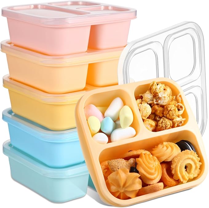 Honeydak 5 Pack Snack Containers 3 Compartment Bento Snack Boxes Divided Meal Prep Containers with Lids Reusable Adults Lunch Food Storage Box for School Work Travel(Vibrant Color)