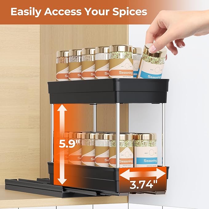 Mystozer Pull Out Spice Rack Organizer for Cabinet, Slide Out Spice Racks Organizer, Easy to Install Spice Cabinet Organizers, 4.33''Wx10.62''Dx8.66''H, 2 Packs-2 Tiers(Black)