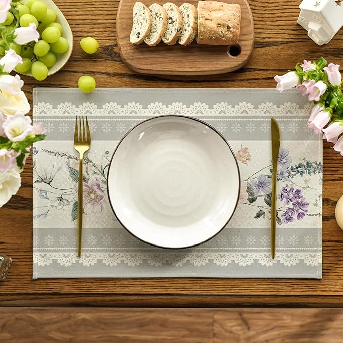 Artoid Mode Grey Printed Lace Floral Spring Placemats Set of 4, 12x18 Inch Seasonal Summer Holiday Table Mats for Party Kitchen Dining Decoration