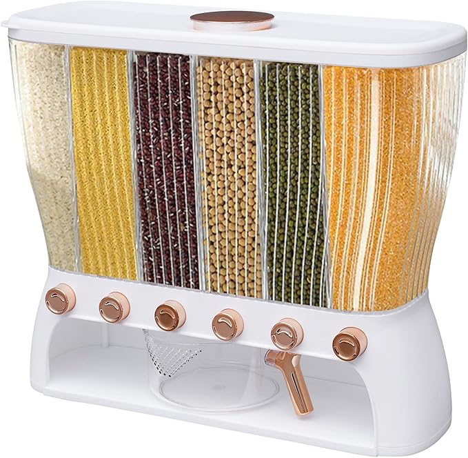6 Grids Dry Food Dispenser Storage Containers w/Rice Hopper, Rice & Cereal Dispenser for Kitchen Pantry Organization, Storage Bucket for Small Grains, Beans