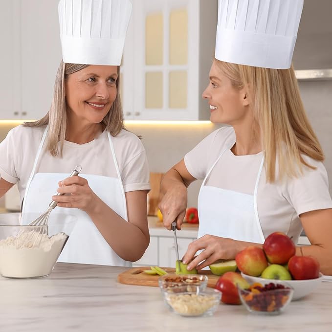 Coume Disposable Non Woven Apron Chef Hat Set, Adult Kitchen Aprons Adjustable Bakery Hats for Kitchen Cooking Baking