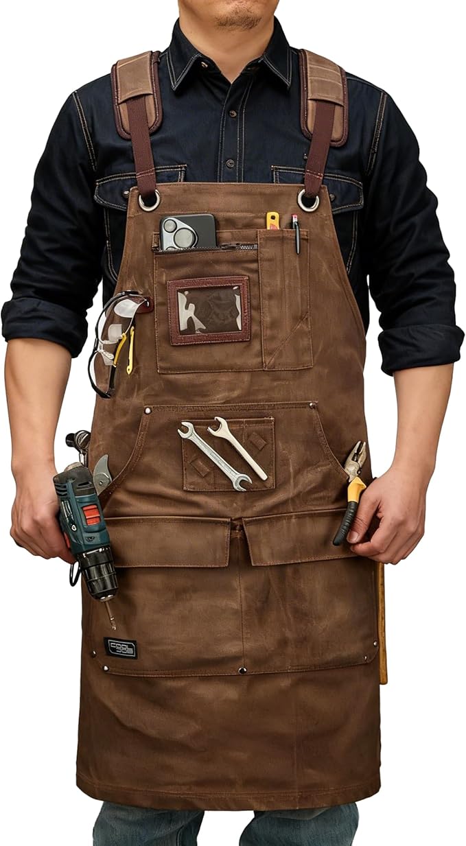 COOLJOB 16oz Waxed Canvas Work Apron with Tape Holder, Deep Pockets and Adjustable Strap, Men's Oversized Shop Apron