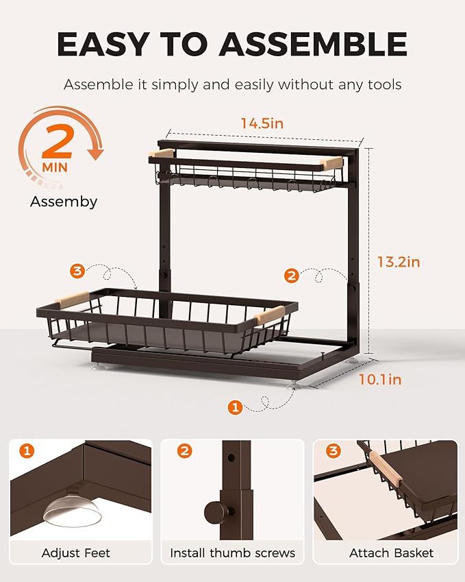 Sevenblue 3 Pack Under Sink Organizer, Multi-Purpose 2 Tier Pull-Out Metal Under Kitchen Sink Organizer, Height Adjustable Storage Shelves for Kitchen Bathroom Cabinet (Brown)