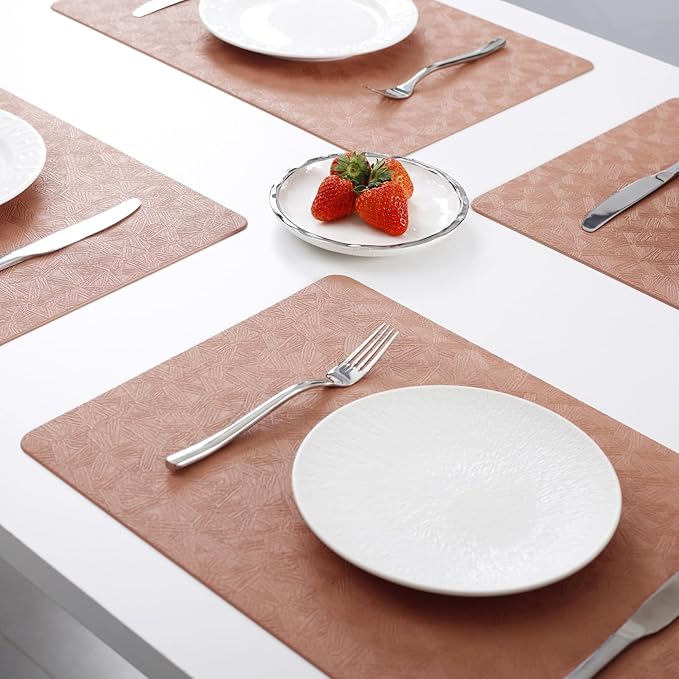 Vinyl Placemats Set of 4 Heat Resistant Easy Clean Non-Slip Place Mats for Dining Table. Faux Leather Waterproof Stain Resistant Wipeable Washable PU Table Mats(4, Coral)