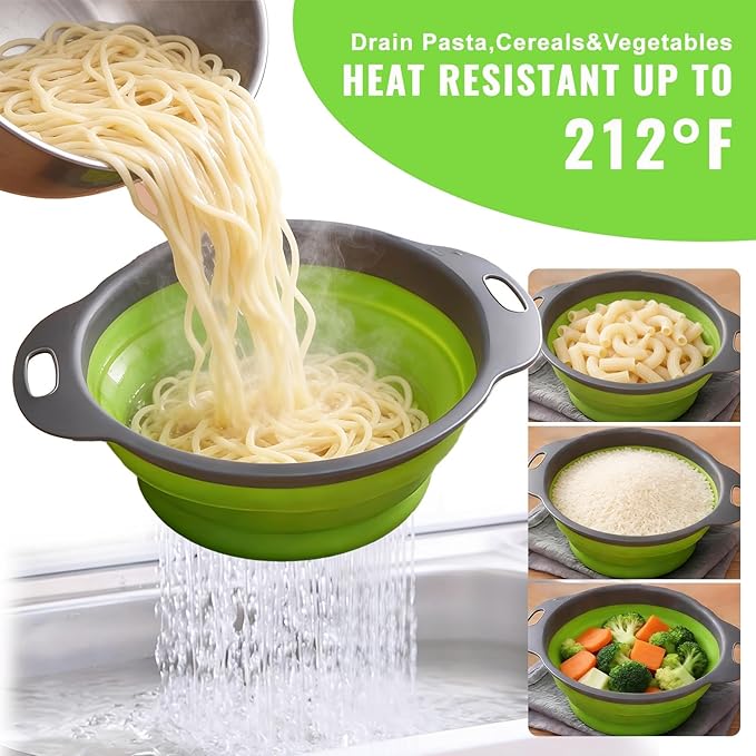 Collapsible Colander Set of 2, Folding Kitchen Strainers with Handles, Space-Saving Over-the-Sink Drainers for Pasta, Veggies & Fruit, BPA-Free, Dishwasher Safe, RV & Camping (Green)