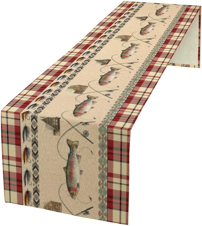 Fishing Table Runner Retro Hunting Cabin Southwestern Check Red Art Printed Runner for Home Kitchen Dining Table Living Room Decor Fabric 1 Panel W13xL70in