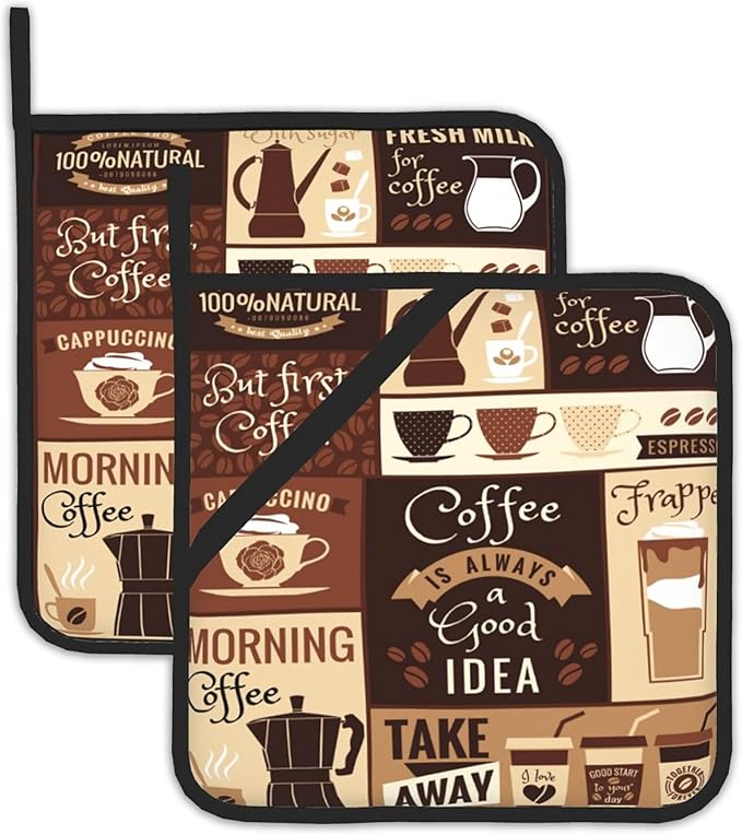 2PCS Brown Coffee Pot Holder with Loop,Vintage Latte Heat Resistant Oven Pads, Hot Pat for Kitchen Cooking Baking Food