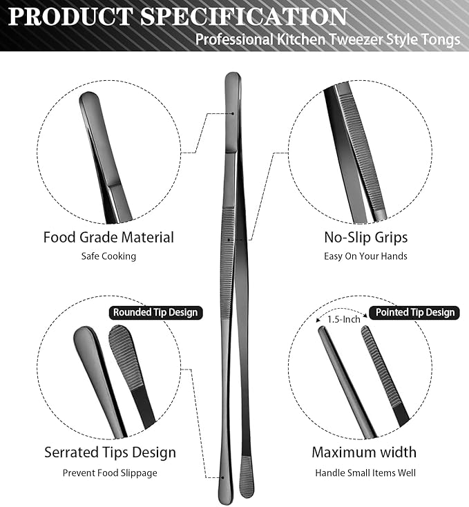 JETKONG 4 Pcs Kitchen Tweezers Professional Stainless Steel Cooking Tweezers Set, Black Kitchen Food Tweezer Tongs for Cooking, Repairing, and BBQ (10+12-Inch, Black)