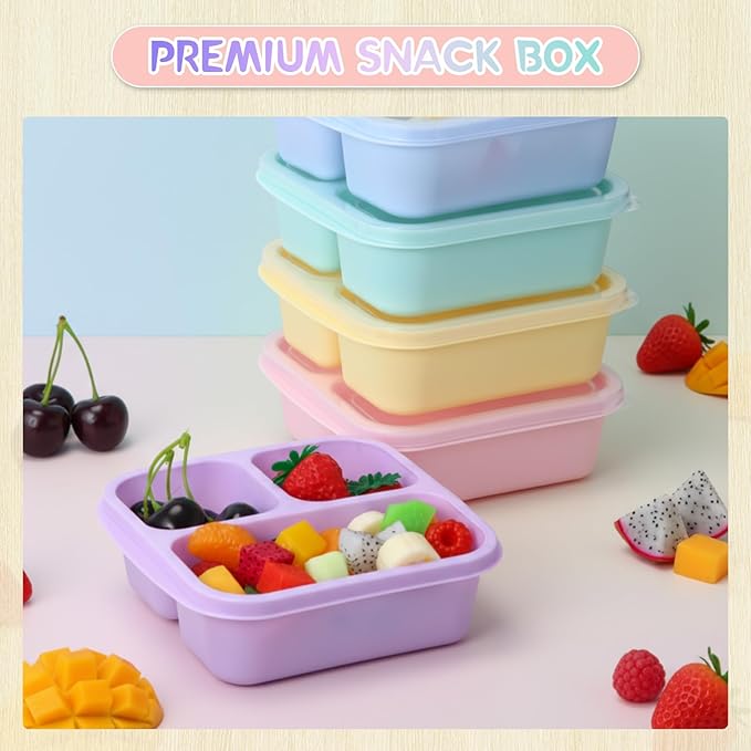 Honeydak 5 Pack Snack Containers 3 Compartment Bento Snack Boxes Divided Meal Prep Containers with Lids Reusable Adults Lunch Food Storage Box for School Work Travel(Candy Color)