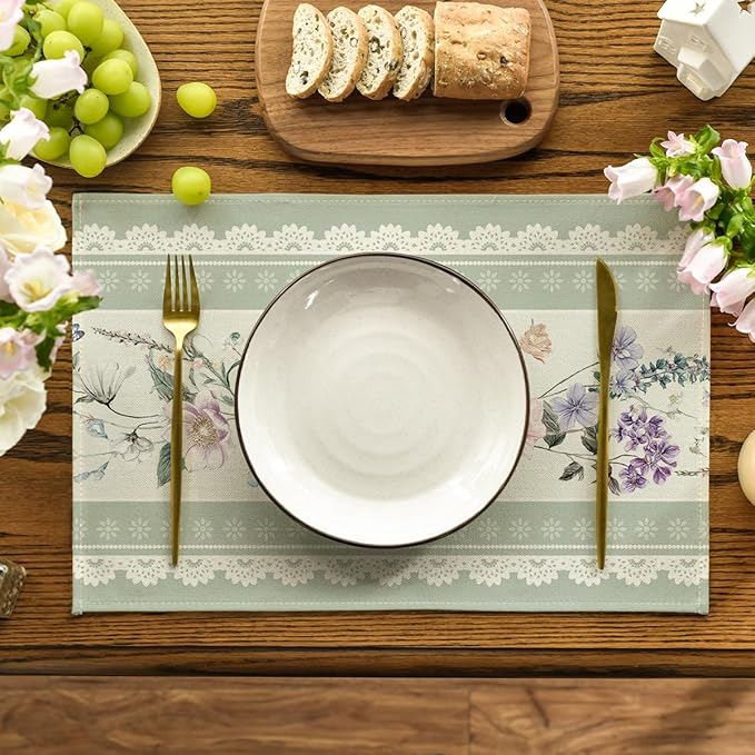 Artoid Mode Green Printed Lace Floral Spring Placemats Set of 4, 12x18 Inch Seasonal Summer Holiday Table Mats for Party Kitchen Dining Decoration