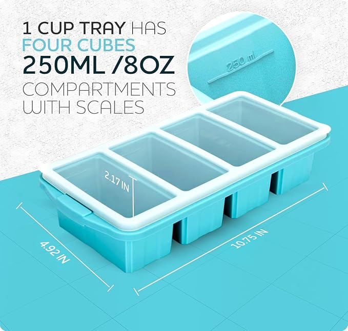 Silicone Freezer Tray With Lid-Soup Freezer Container molds-Large Ice Cube Tray Set Makes 1-Cup & 2-Cup portions cubes Perfect for preparing meals in different portion sizes Oven & Dishwasher -Safe