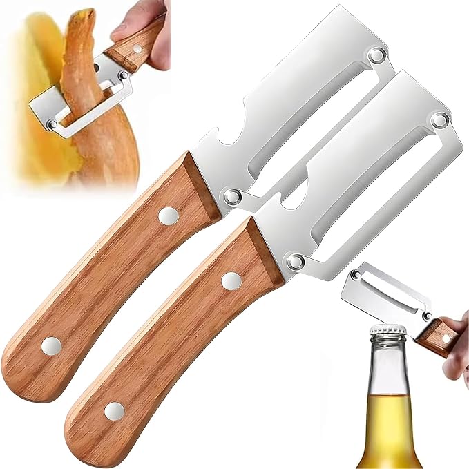 2-in-1 stainless steel vegetable peeler with wooden handle and bottle opener, stainless steel blade, non-slip kitchen fruit peeler（2pcs）