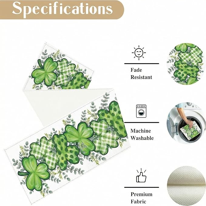 ONFAON St Patrick's Day Table Runner Decorations Shamrock Eucalyptus Heart Seasonal Spring Kitchen Dining Table Decoration for Home Party Decor 13x72 Inch