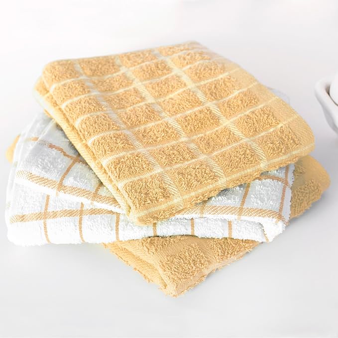 Ritz Premium 100% Cotton Terry Check Kitchen Dish Towels - Highly Absorbent, Super Soft, Long-Lasting, 25"x15", 3-Pack, Straw