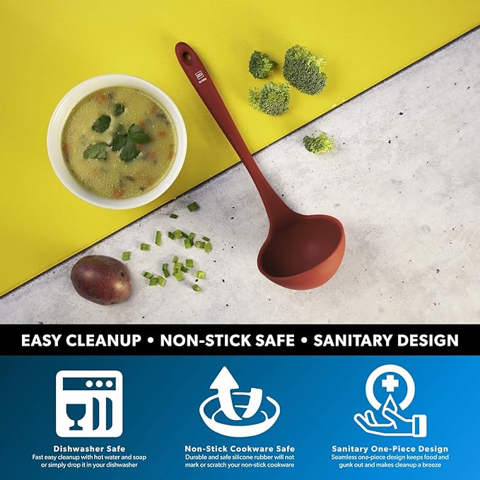 DI ORO Silicone Soup Spoon Heat-Resistant Large Kitchen Ladle Nonstick Cookware Safe - Wide Bowl Dishwasher Safe (Red)