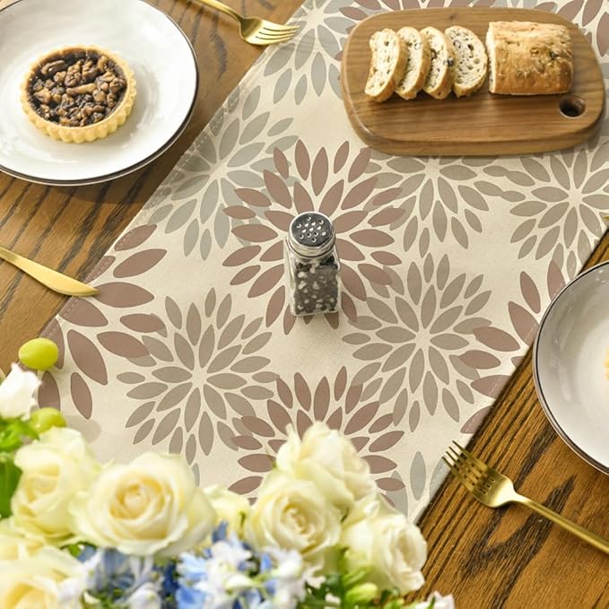 Artoid Mode Brown Gray Dahlia Pinnata Flower Floral Table Runner, Seasonal Holiday Kitchen Dining Table Decoration for Home Party Decor 13x72 Inch