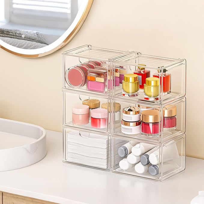 caktraie 6 Pack Small Stackable Stroage Drawers, Acrylic Bathroom Makeup Organizer, Plastic Storage Bins For Vanity, Undersink, Kitchen Cabinets, Pantry, Home Organization