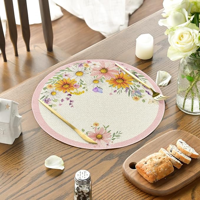 Artoid Mode Pink Sunflowers Butterfly Round Spring Placemats Set of 4, 14 Inch Summer Round Table Mats for Dining Decoration
