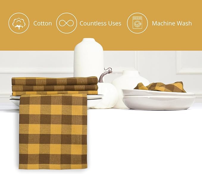 PurpleEssences Buffalo Plaid Cloth Napkins - Mitered Corners - Spring Easter Summer Gingham Check Dinner Napkin - Set of 12-100% Cotton - 18x18 Inch - Reusable Washable - Golden Yellow and Nut Brown