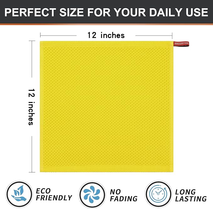 Kitinjoy 100% Cotton Kitchen Dish Cloths (12 X 12 Inches, Yellow), 6 Pack Waffle Weave Ultra Soft Absorbent Dish Towels for Drying Dishes Quick Drying Kitchen Towels Dish Rags