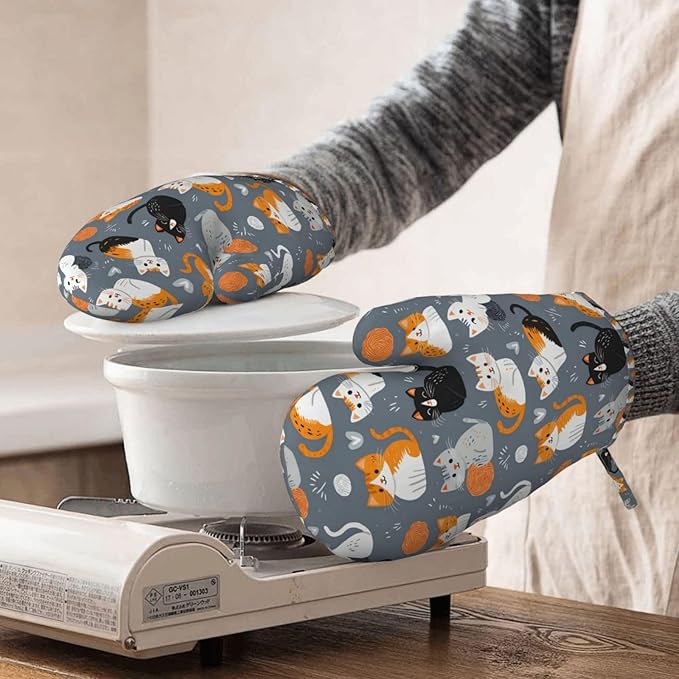 Grey Cat Silicone Oven Mitts Set of 2, Heat Resistant up to 500°F, Kitchen Oven Gloves with Non-Slip Grip and Soft Cotton Lining for Baking, Cooking and BBQ