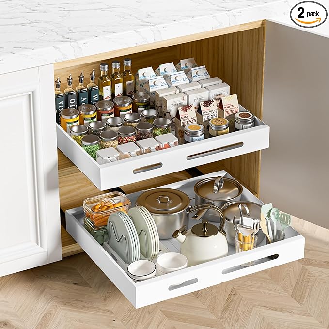 HBL' 2 Pack | 21" Deep Pull Out Cabinet Organizer Adhesive, (13.8" to 22.0") Width Expandable Sturdy Carbon Steel Roll-Out Drawers, Designed for Frameless Cabinets, Slide-Out Shelves for Pantry.