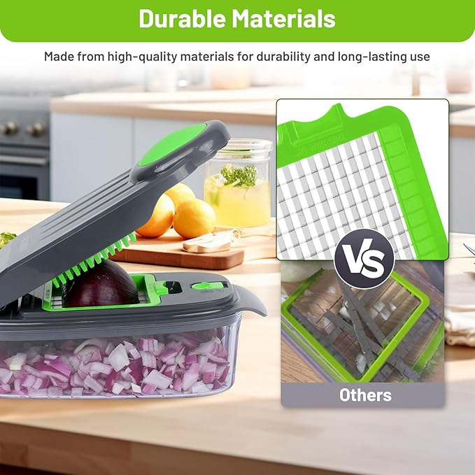 Veggie Chopper 13 in1 Onion Chopper ·Vegetable Chopper with Container · Salad Chopper · Potato cutter – Gift for Home Cooks & Home Essentials (Grey & Green)