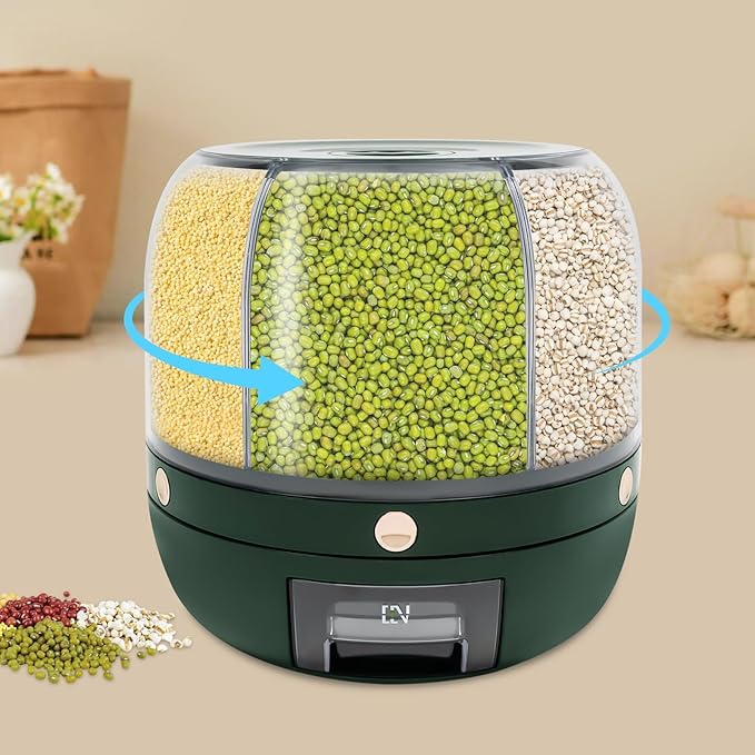 Cereal Dispenser, 6-grid 360° Rotating Grain Dispenser, 6 in 1 Sealed Clear Rice Dispenser, 6kg/13.2lbs Grain Storage Container, PET Round Granular Dry Food Dispenser, 10.63*10.63in Dark Green