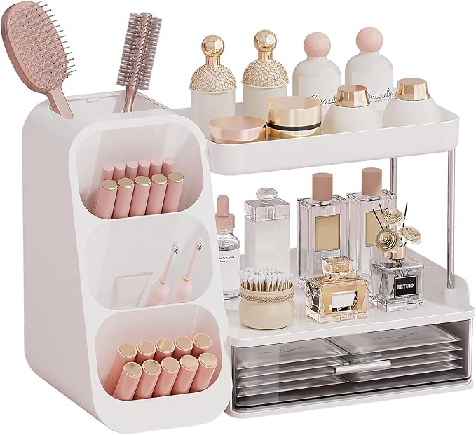Makeup Organizer for Vanity with Brush Holder, 2 Tiers Countertop Skincare, Cologne Organizer and Perfume Stand for Men Bathroom Vanity, Large Capacity Makeup Storage, Black