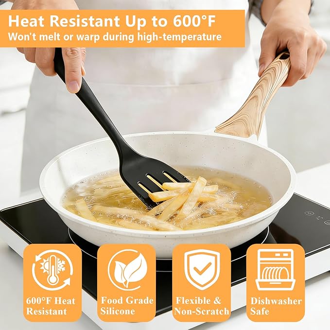 Silicone Spatula Turner Set, 600°F High Heat Resistant Spatulas for Cooking, BPA Free, Large Flexible Kitchen Utensils Flipping Eggs, Pancakes, Fish, Burgers, Dishwasher Safe (4 Pack, Black)