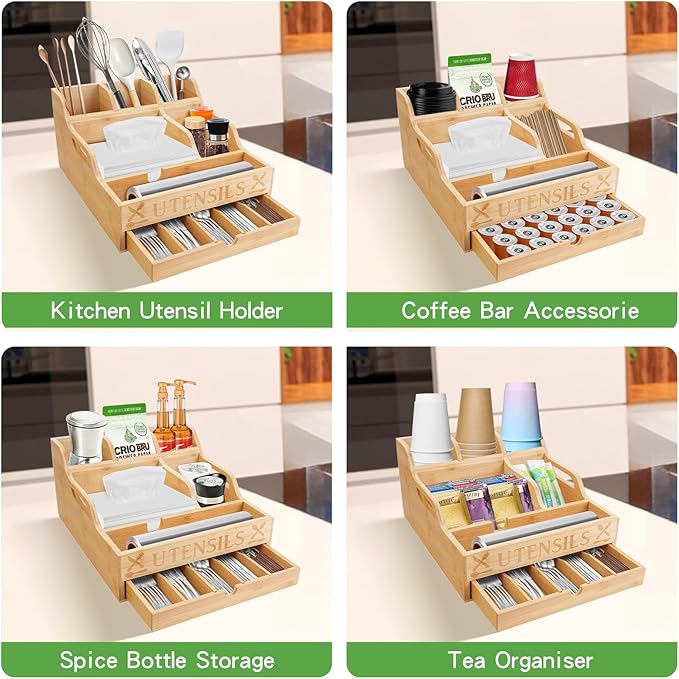 Large Kitchen Utensil Holder with Drawer Organizer, 11 Compartment Bamboo Silverware Organizer for Countertop, Cutlery Tray with Dividers for Flatware Spoon Forks Knives Cooking Tool