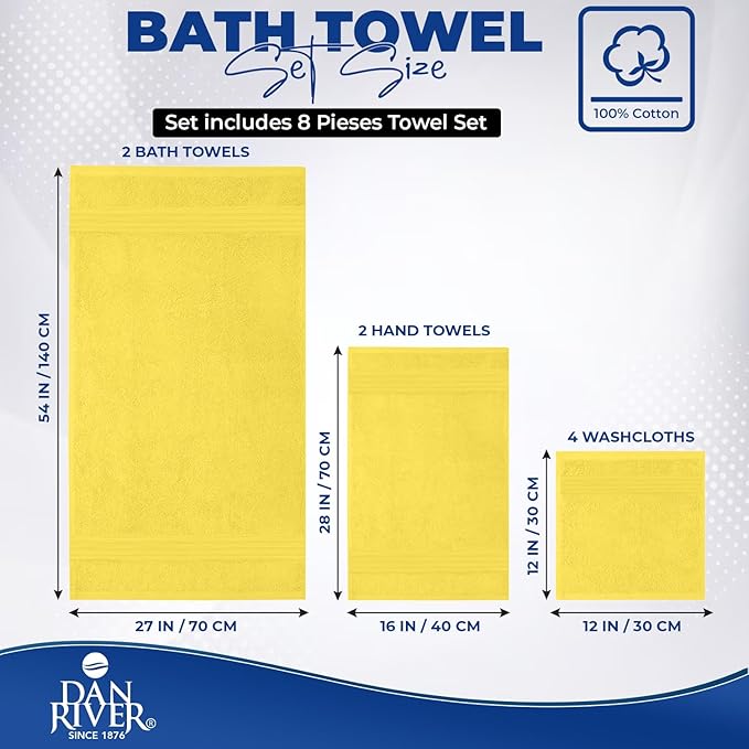 DAN RIVER 8 PC Luxury Bath Towels for Bathroom, 2 Bath, 2 Hand, and 4 Wash Cloths, 600 GSM 100% Ring Spun Cotton Towel Set, Highly Absorbent, Gym, Hotel, and Spa, Yellow