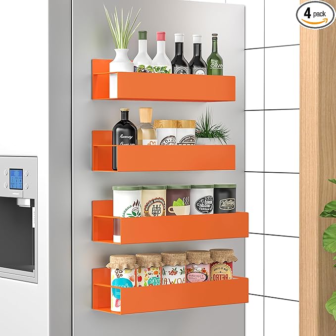 HuggieGems 4 Pack Magnetic Spice Storage Rack Organizer for Refrigerator and Oven, Orange Fridge Organizers and Storage