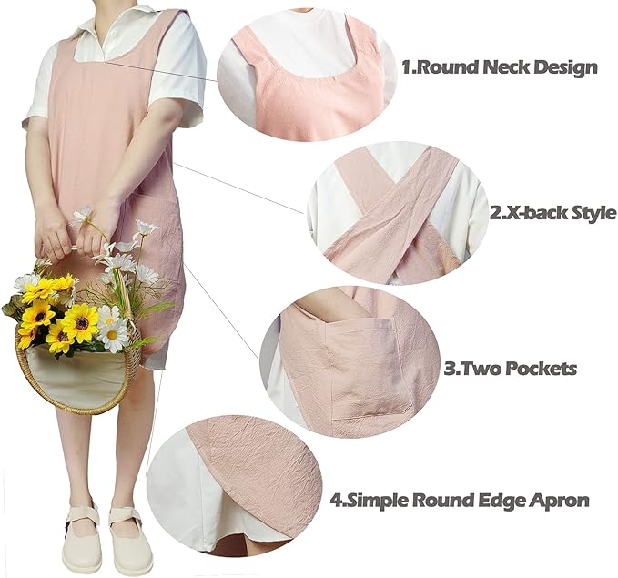 Cotton Cross Back Aprons Solid Color Cooking Kitchen Garden Smock for Women Girls with Pockets