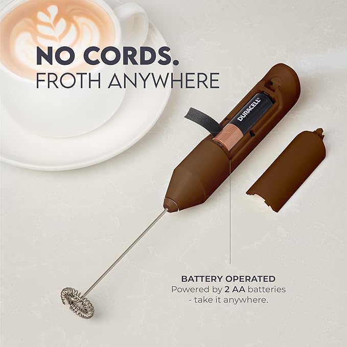 Zulay Kitchen Powerful Milk Frother AA Batteries Included – Ultra Fast Handheld Drink Mixer with Stainless Steel Whisk Stirrer for Coffee, Protein, Matcha & More, Frother Wand Electric Frothmate Brown