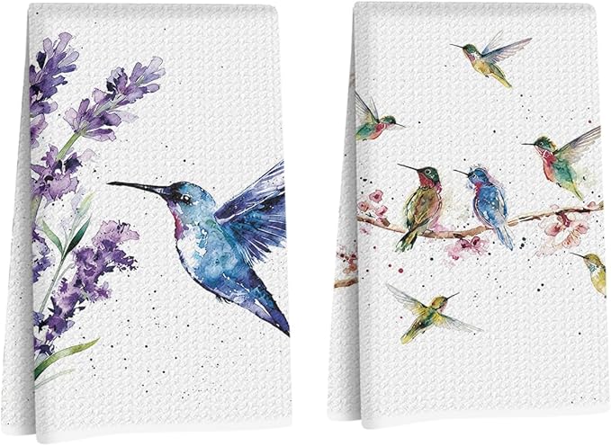 Lovdazzles 2 Pcs Floral Hummingbird Decorative Kitchen Tea Towels, Absorbent Microfiber Dish Hand Towels,Hummingbird Gifts for Women Spring Housewarming Bathroom Kitchen Holiday