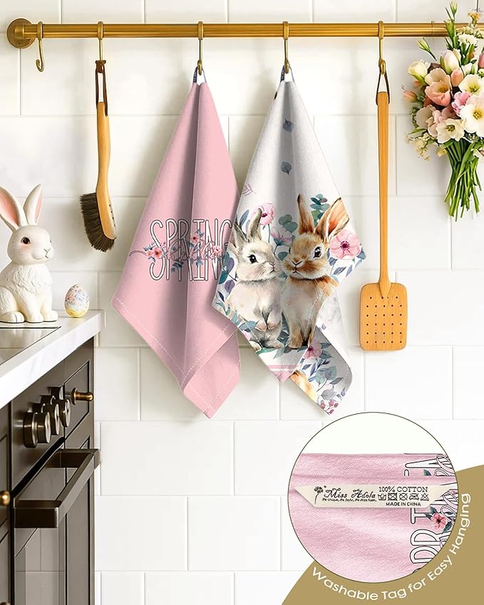 Miss Adola Easter Kitchen Towels Set of 2 - Flour Sack Tea Towels with Hanging Loop 18x26 Inch Spring Rabbit Pink Flowers Hand Dish Cloths Reusable Dishcloths Cute Easter Decor