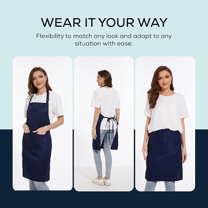 Will Well Kitchen Apron for Men and Women - 33" x 27" Oil-and-Water-Resistant with Adjustable Neck Strap and 38" Waist Ties for a Snug Fit, Lightweight with 2 Front Pockets - 6-Pack, Navy
