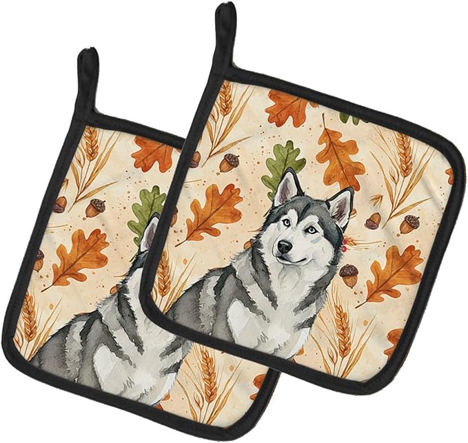 Caroline's Treasures Gray and White Alaskan Malamute Heirloom Fall Pair of Pot Holders Pair 7.5x7.5 Quilted Insulated Hot Pads Decorative Kitchen Gift Made in USA
